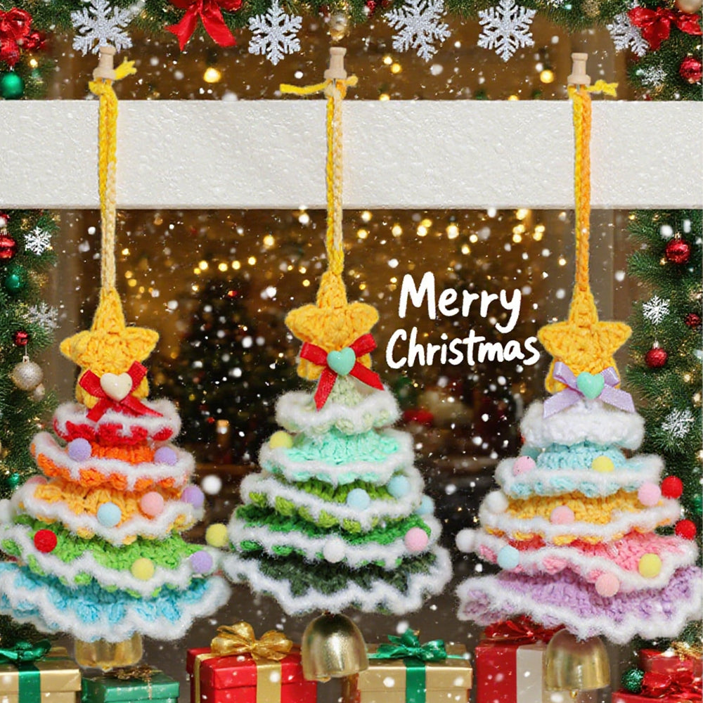 Handcrafted Colorful Crochet Snow Christmas Tree Ornaments,Set of 6 Festive Wish Trees for Joy & Health,Lucky Purse Charms