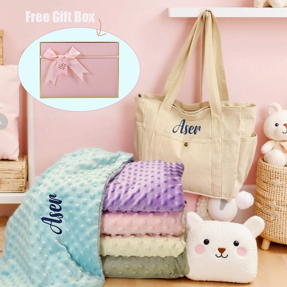 Personalized Newborn Gift Set – Custom Embroidered Baby Blanket & Tote Bag