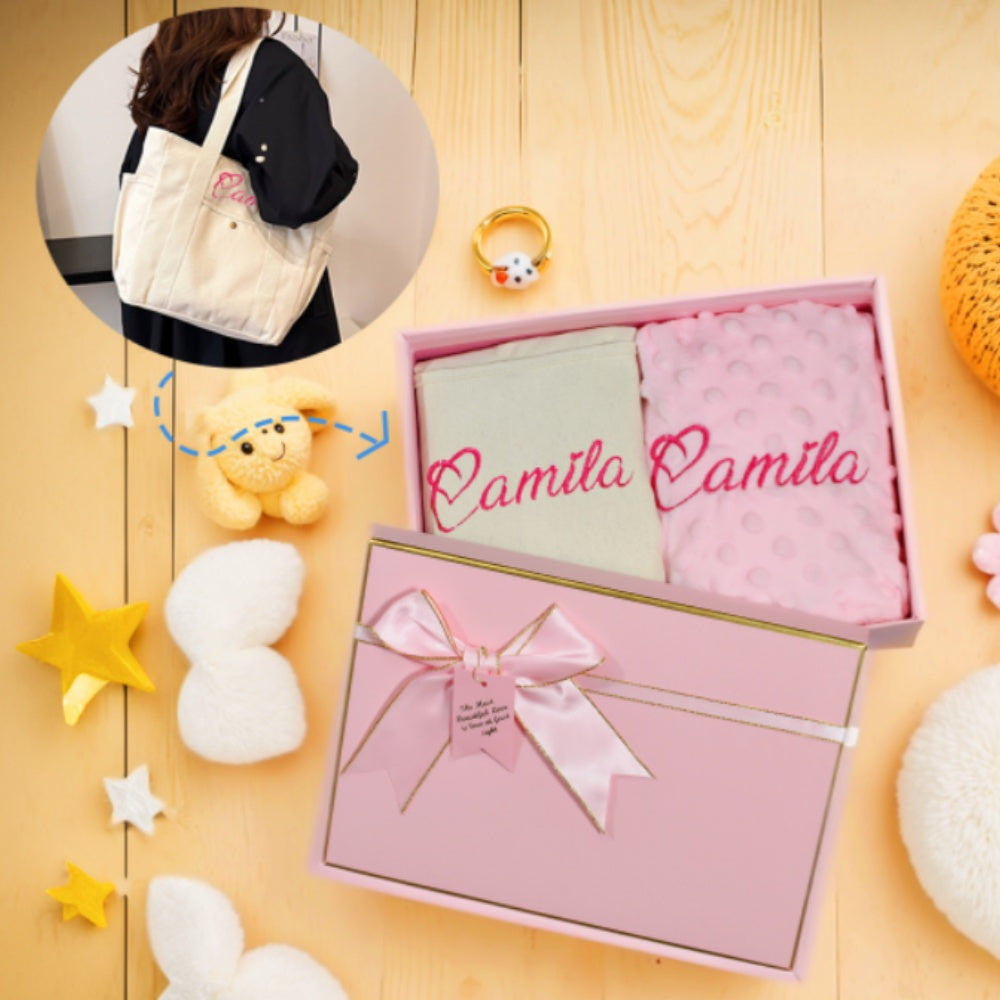 Personalized Newborn Gift Set – Custom Embroidered Baby Blanket & Tote Bag