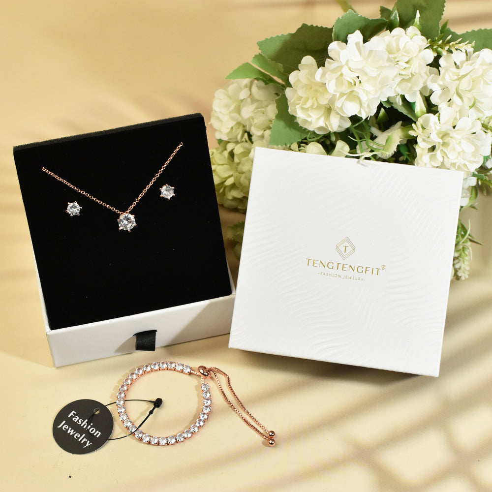 CZ Classic Pendant Necklace, Tennis Bracelet, Stud Earrings Jewelry Set For Women Bride Bridesmaids Bridal Wedding Party Prom