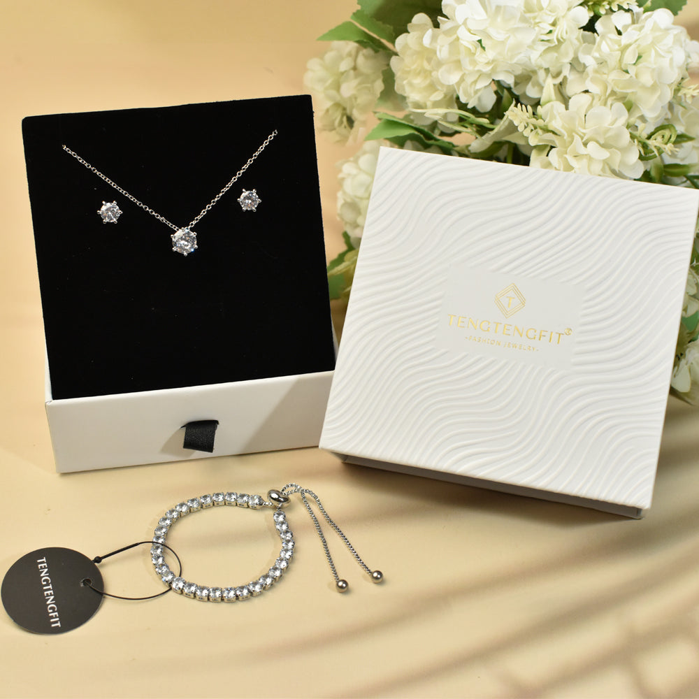 CZ Classic Pendant Necklace, Tennis Bracelet, Stud Earrings Jewelry Set For Women Bride Bridesmaids Bridal Wedding Party Prom