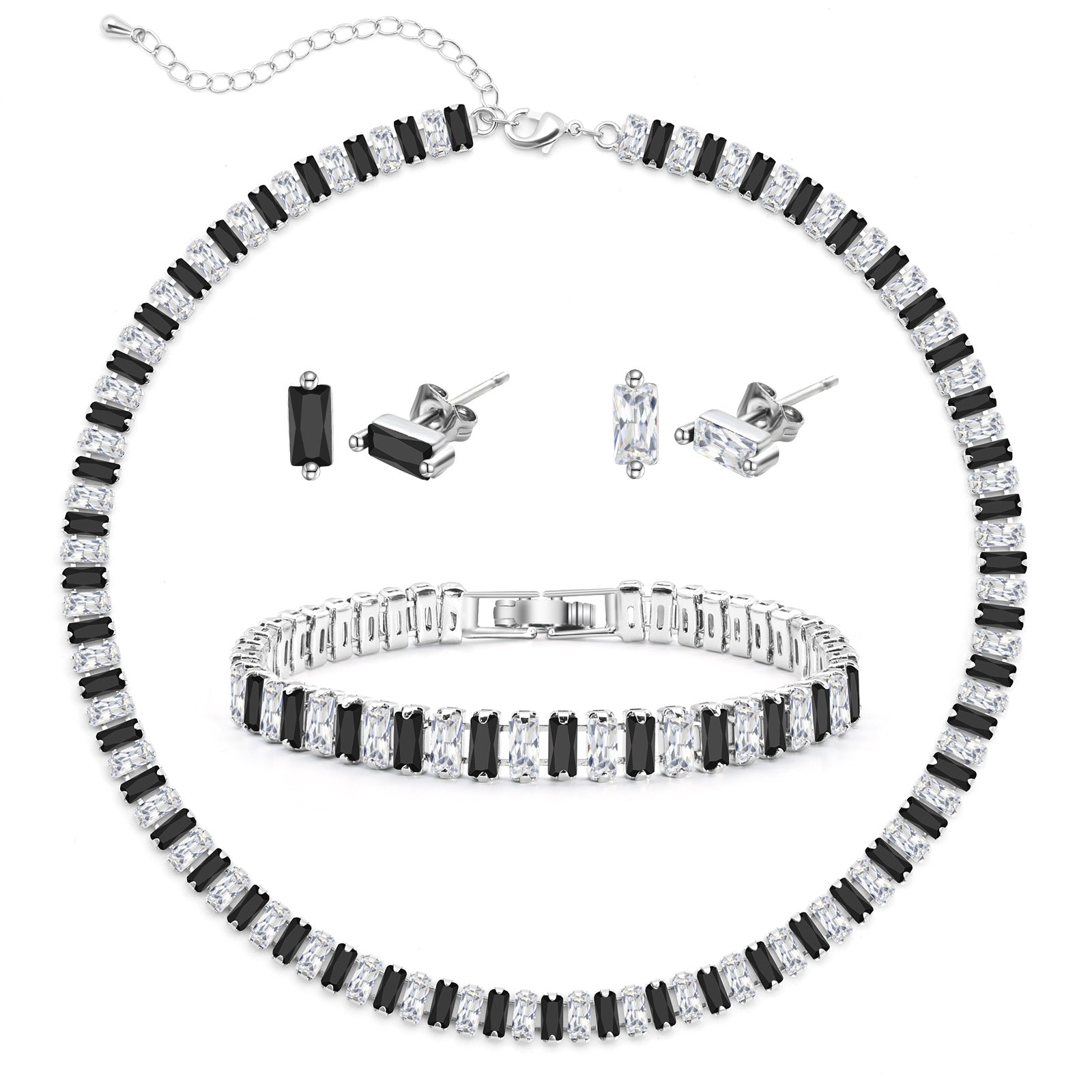 Jewelry Set for Women Tennis Necklace Bracelet Earrings Multi-Color CZ Baguette Birthday Wedding Jewelry Gifts