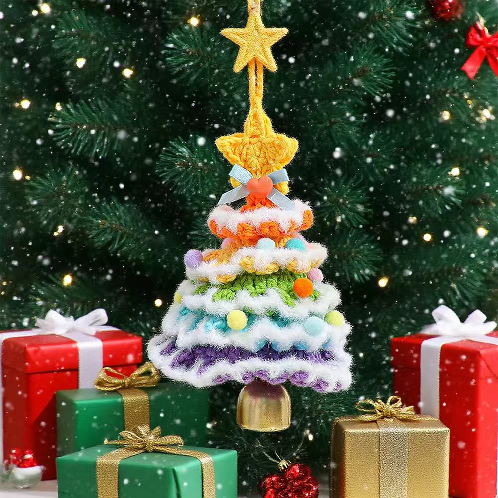Handcrafted Colorful Crochet Snow Christmas Tree Ornaments,Set of 6 Festive Wish Trees for Joy & Health,Lucky Purse Charms