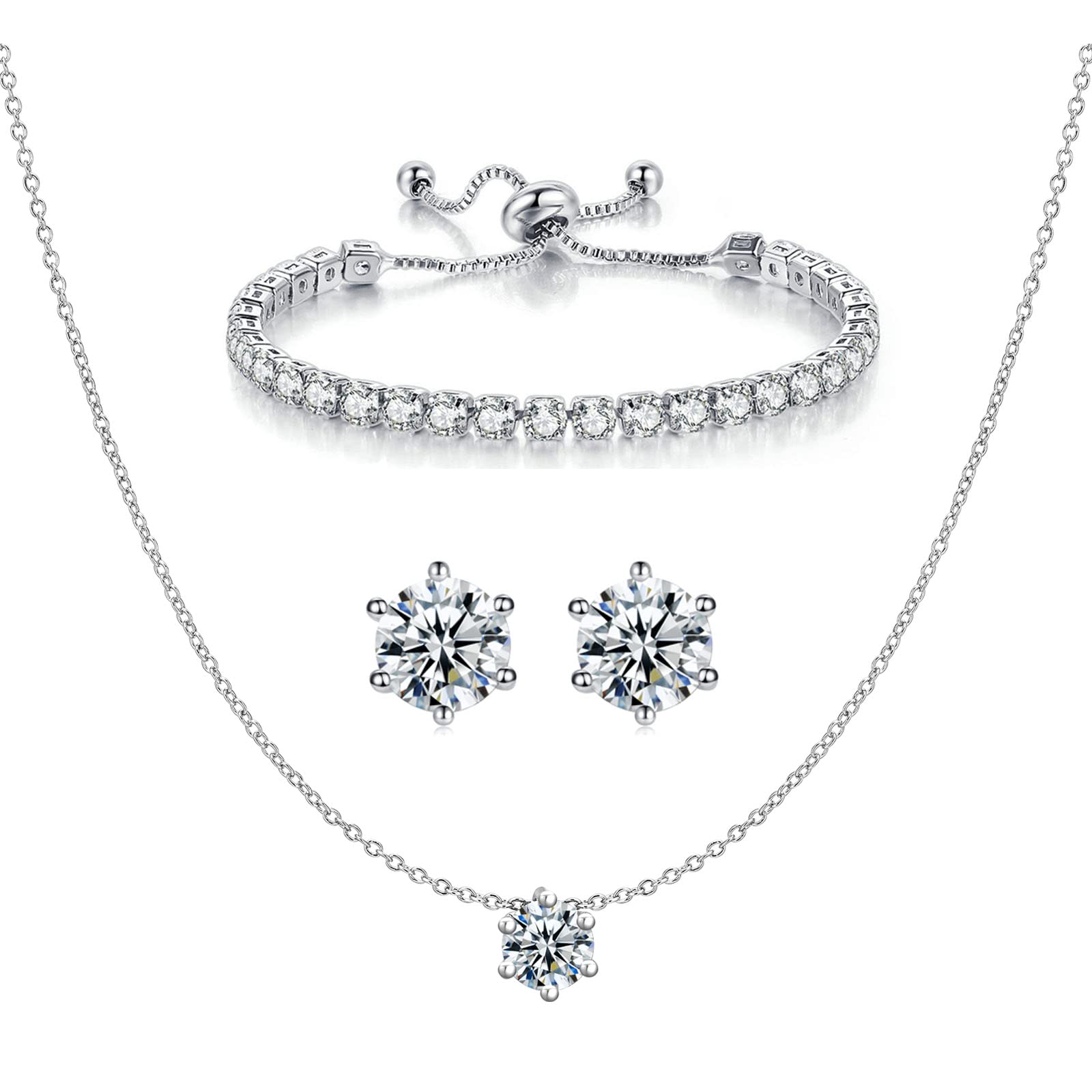 CZ Classic Pendant Necklace, Tennis Bracelet, Stud Earrings Jewelry Set For Women Bride Bridesmaids Bridal Wedding Party Prom