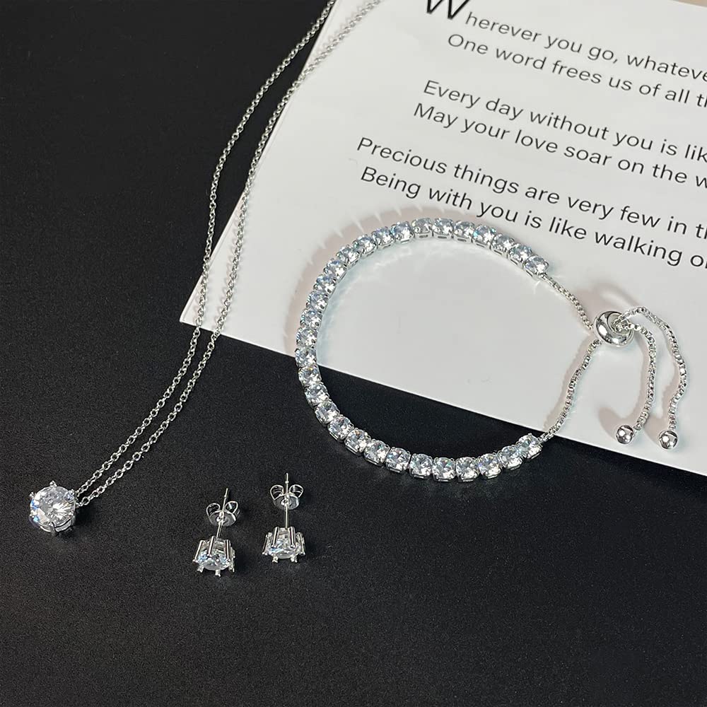 CZ Classic Pendant Necklace, Tennis Bracelet, Stud Earrings Jewelry Set For Women Bride Bridesmaids Bridal Wedding Party Prom