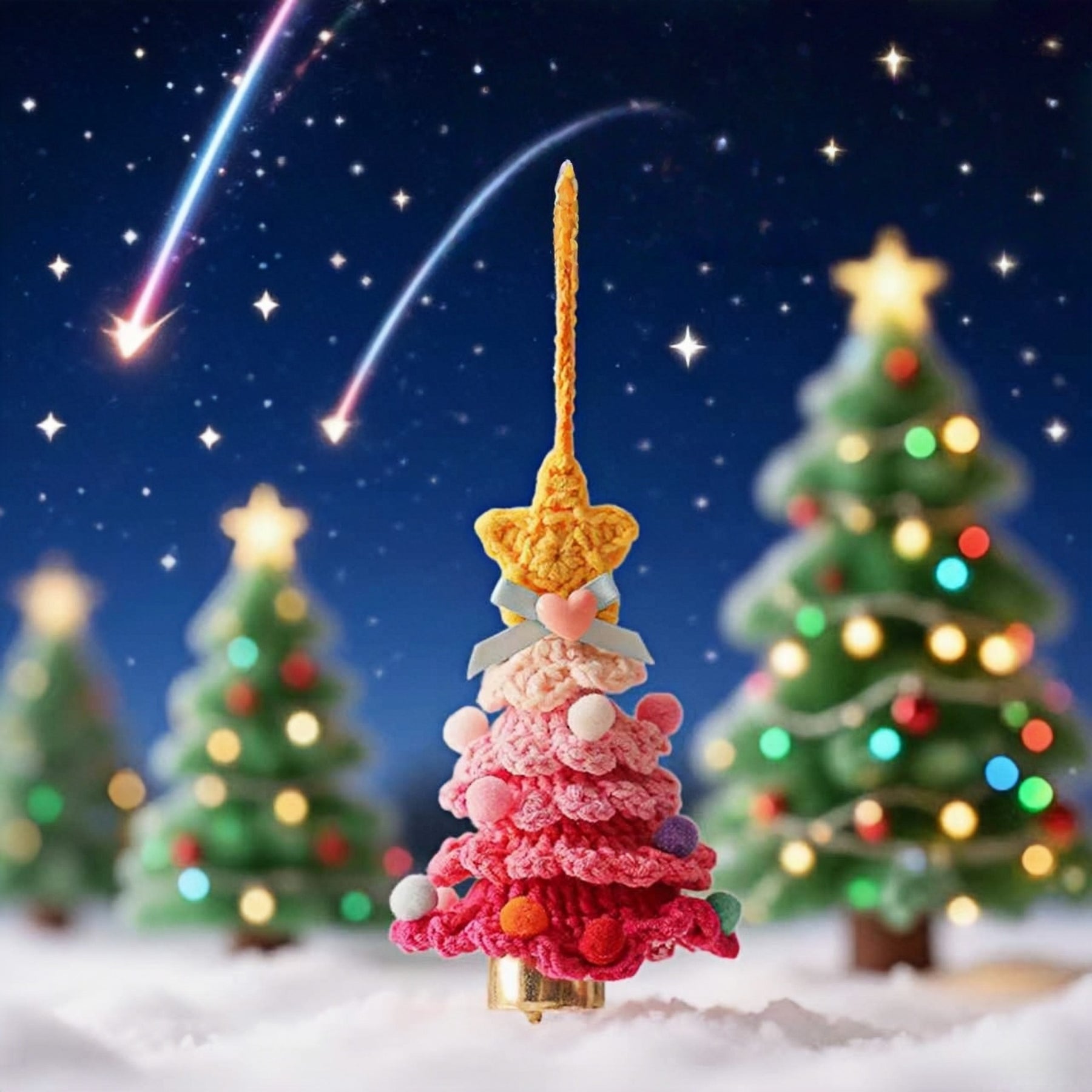 Personalized gift Handcrafted Colorful Crochet Christmas Tree Ornaments,Set of 7 Festive Wish Trees for Joy & Health, Lucky Purse Charms