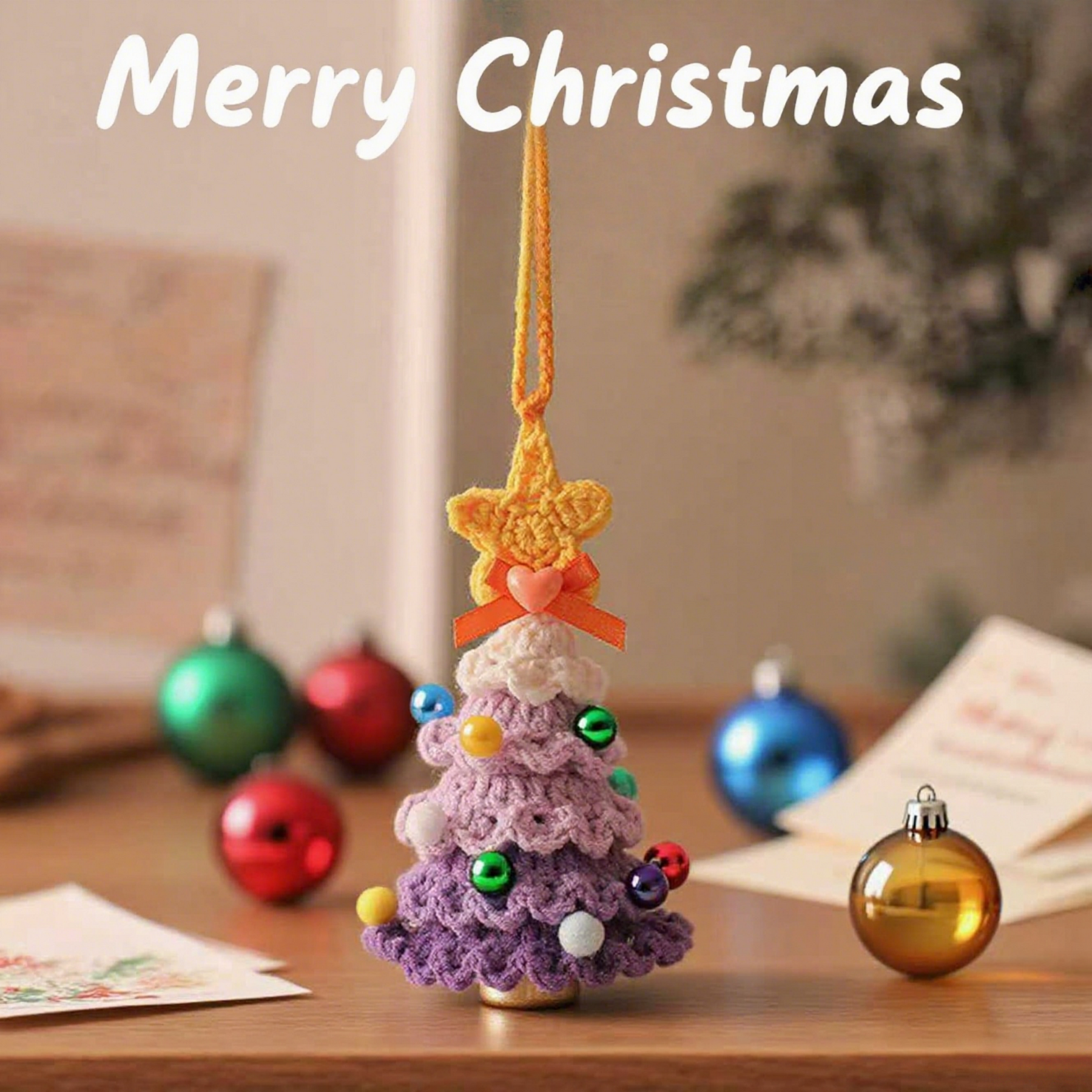 Personalized gift Handcrafted Colorful Crochet Christmas Tree Ornaments,Set of 7 Festive Wish Trees for Joy & Health, Lucky Purse Charms
