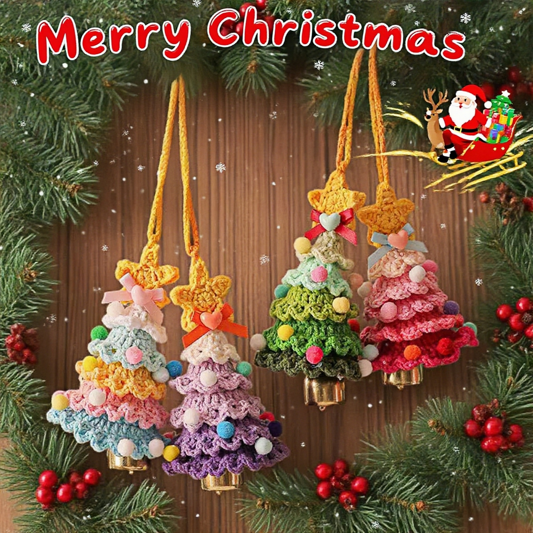 Personalized gift Handcrafted Colorful Crochet Christmas Tree Ornaments,Set of 7 Festive Wish Trees for Joy & Health, Lucky Purse Charms