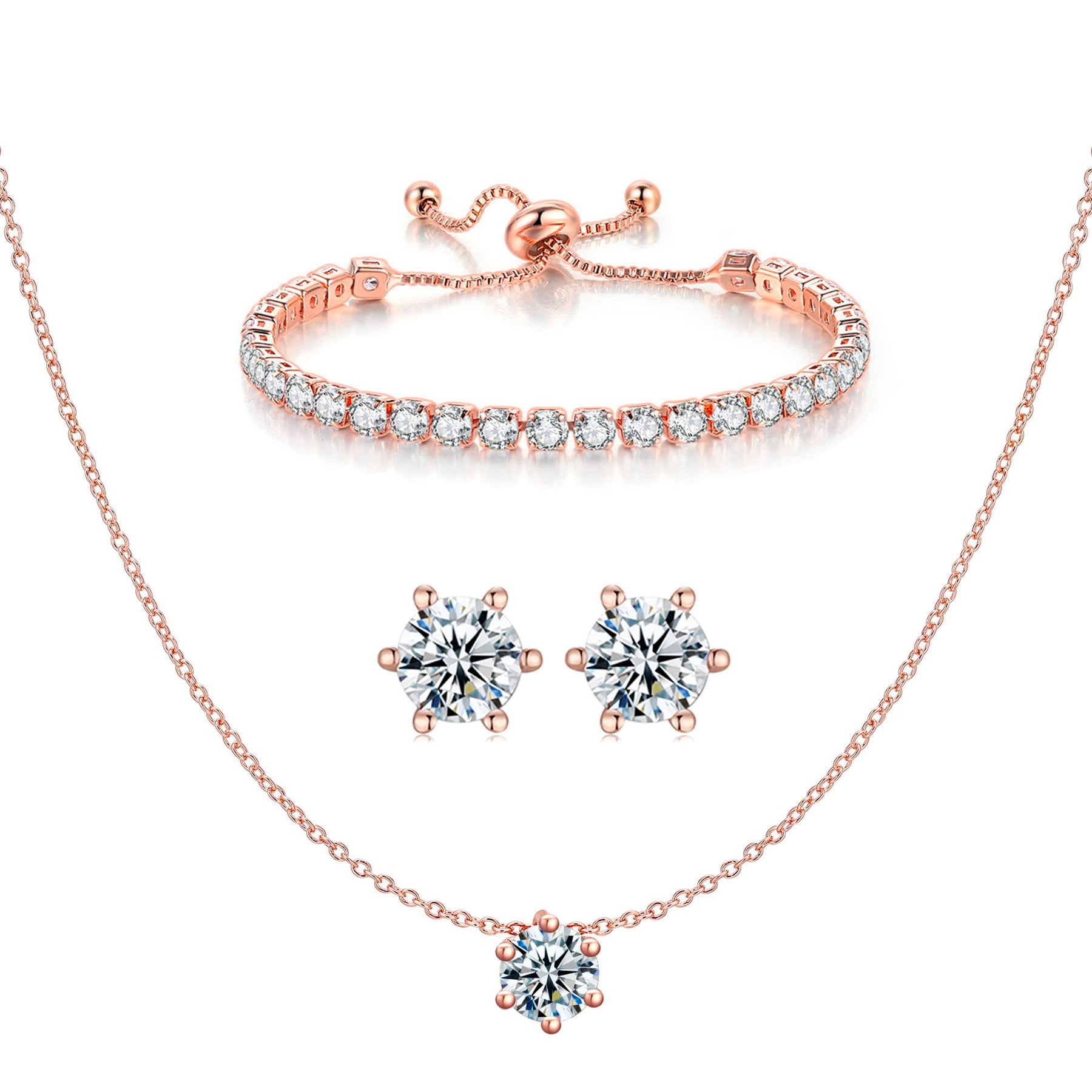 CZ Classic Pendant Necklace, Tennis Bracelet, Stud Earrings Jewelry Set For Women Bride Bridesmaids Bridal Wedding Party Prom