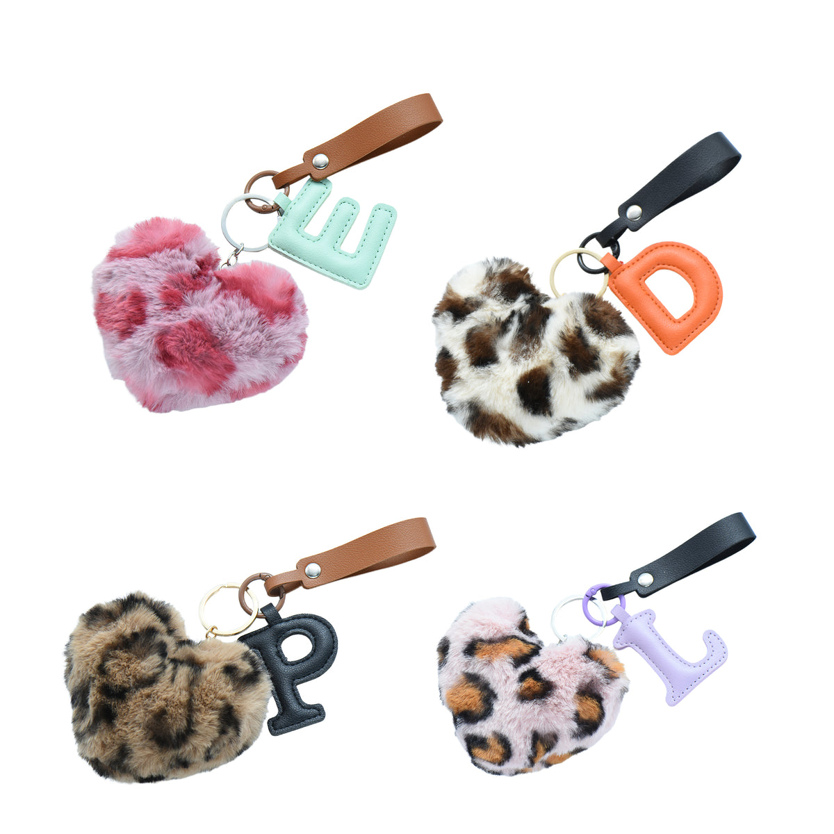 Customizable Initial Letter Fluffy Leopard-Print Heart Bag Charms Keychains