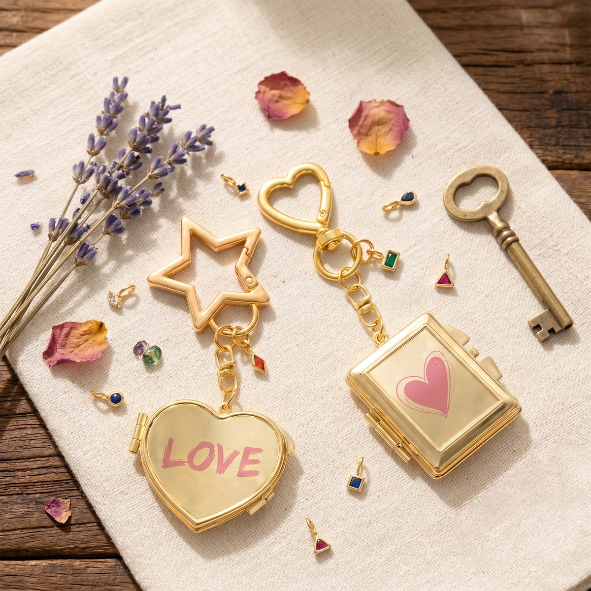Gold Plated Photo Mirror Keychain, Personalized Birthstone Keepsake Gifts