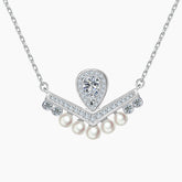 S925 Pure Silver Pearl Water Drop V-shaped Crown Clavicle Chain Pendant Necklace