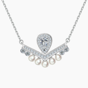 S925 Pure Silver Pearl Water Drop V-shaped Crown Clavicle Chain Pendant Necklace