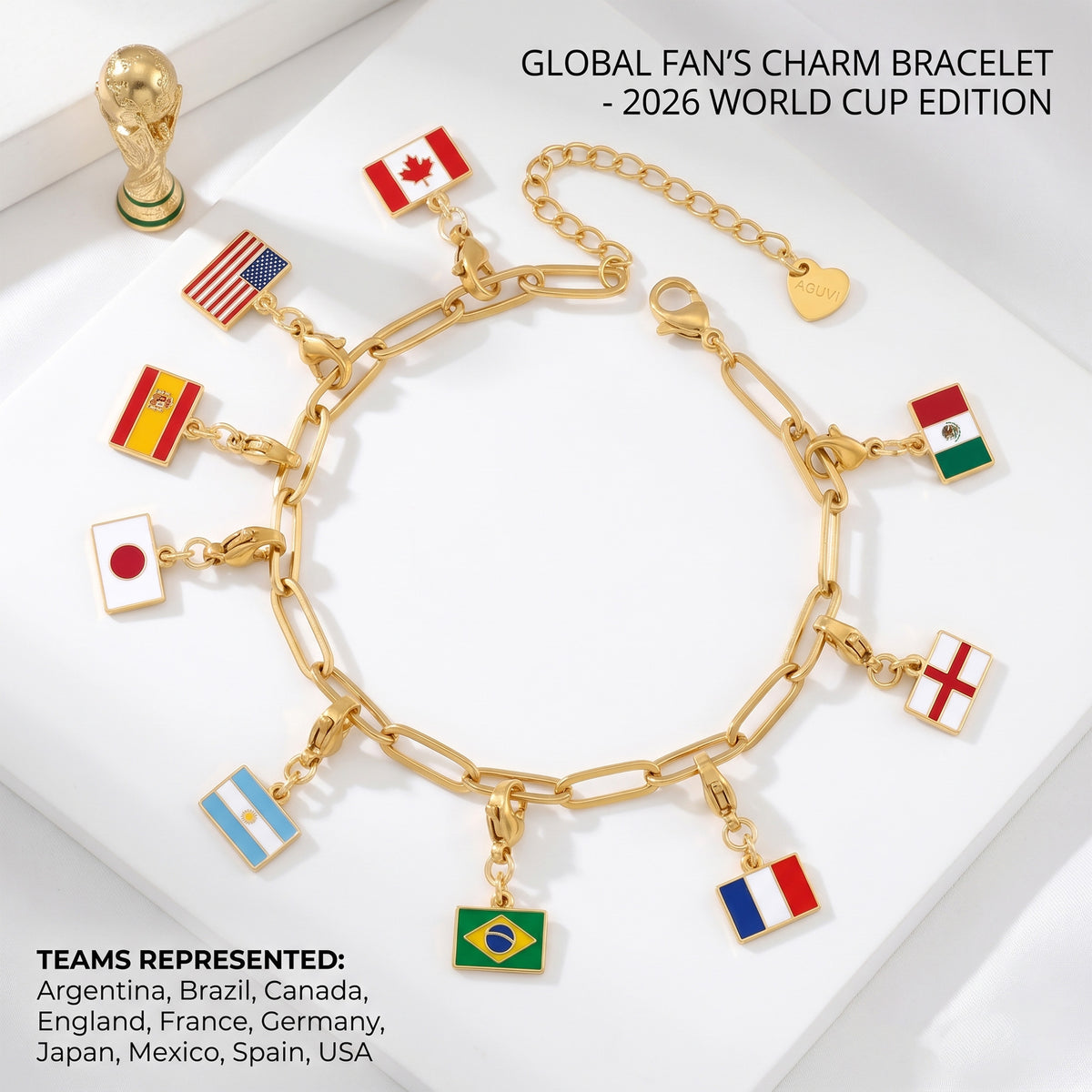 2026 World Cup Global Fan Charm Bracelet, Gold Plated Paperclip Chain, International Flags Jewelry