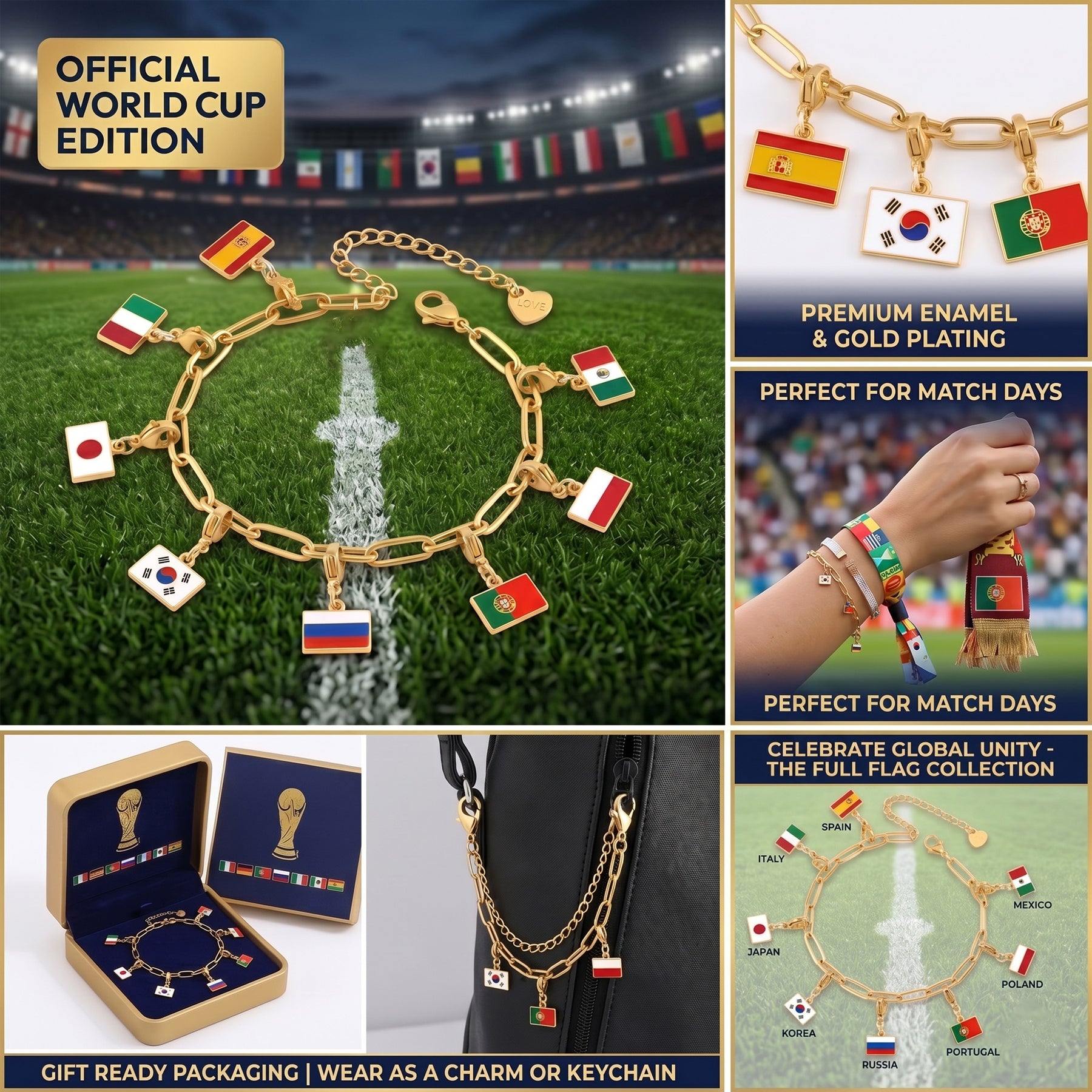 2026 World Cup Global Fan Charm Bracelet, Gold Plated Paperclip Chain, International Flags Jewelry