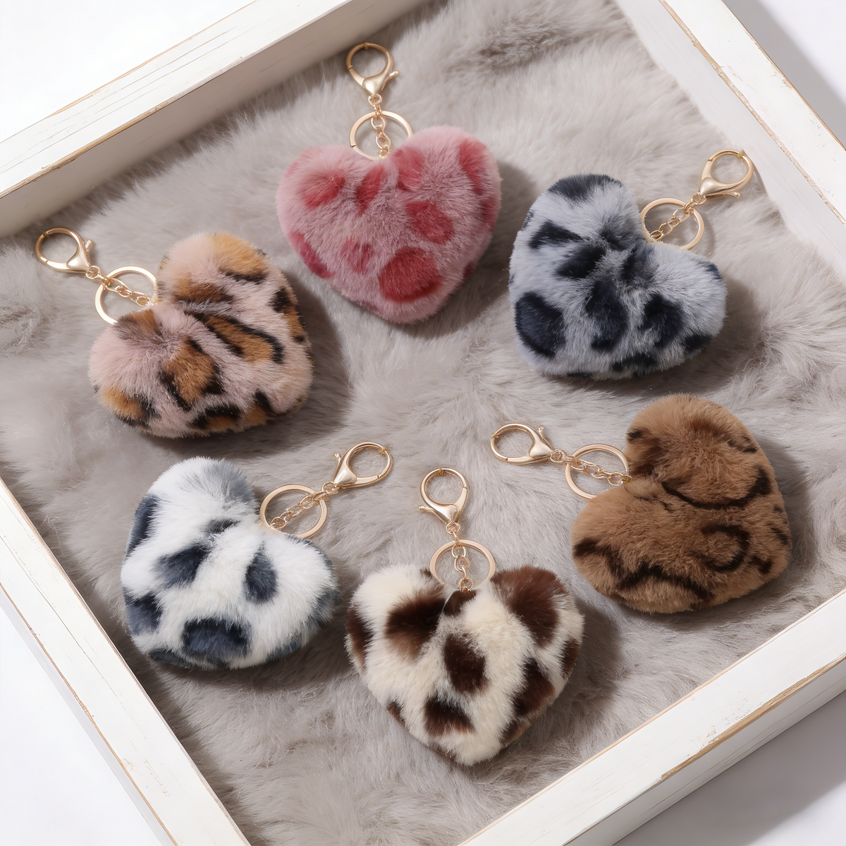 Customizable Initial Blue Resin Letter Fluffy Leopard-Print Heart Bag Charms Keychains