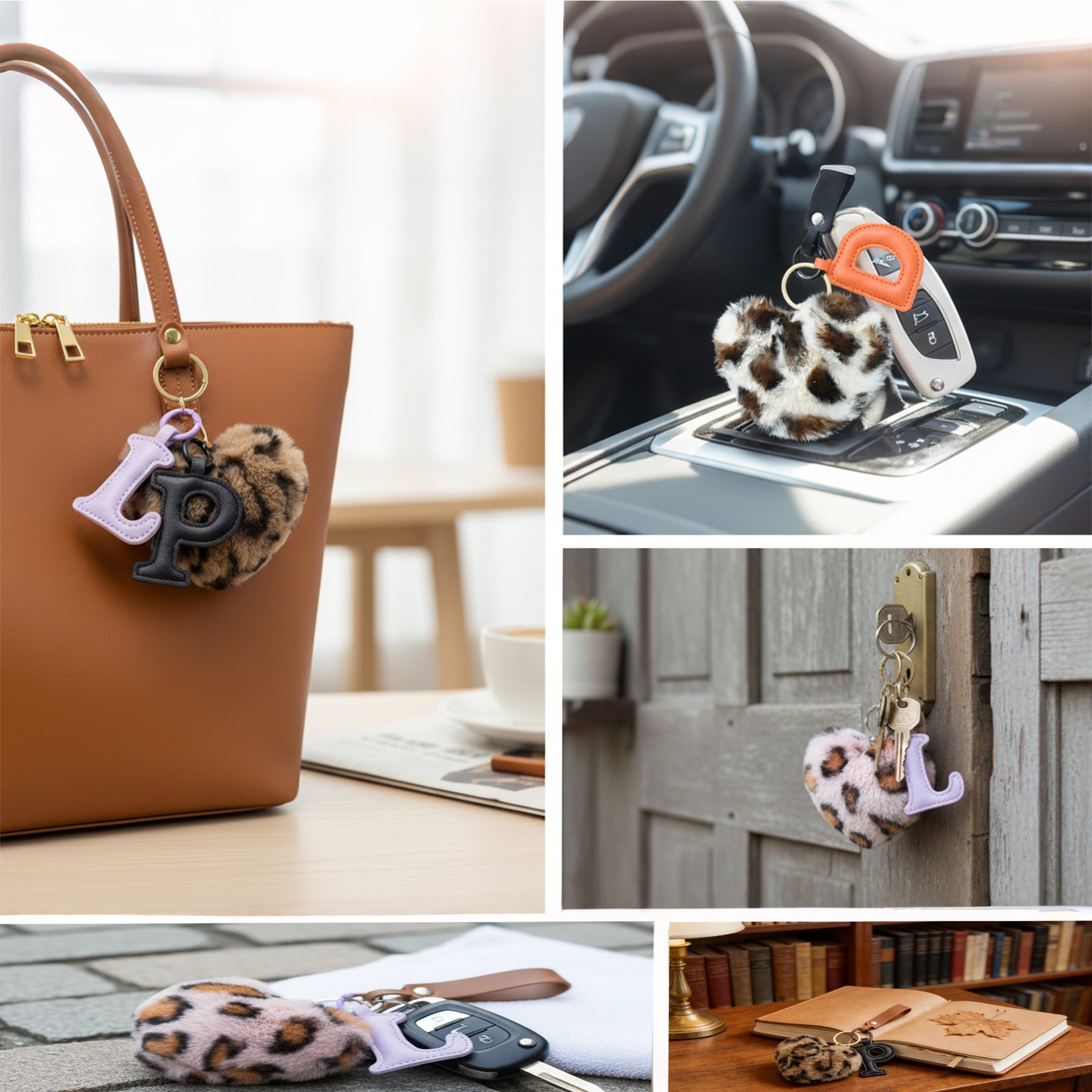 Customizable Initial Letter Fluffy Leopard-Print Heart Bag Charms Keychains