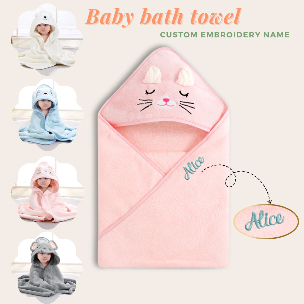 Personalized Baby's Embroidered Bath Towels Custom Name Animal Cartoon Hooded Baby Shower