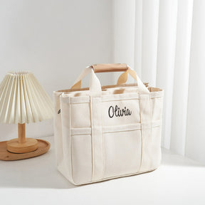 Personalized embroidery name Canvas Tote Bag with Multi Pockets for Women Handbag Mommy Bag Casual Shoulder Crossbody Bag with Compartments