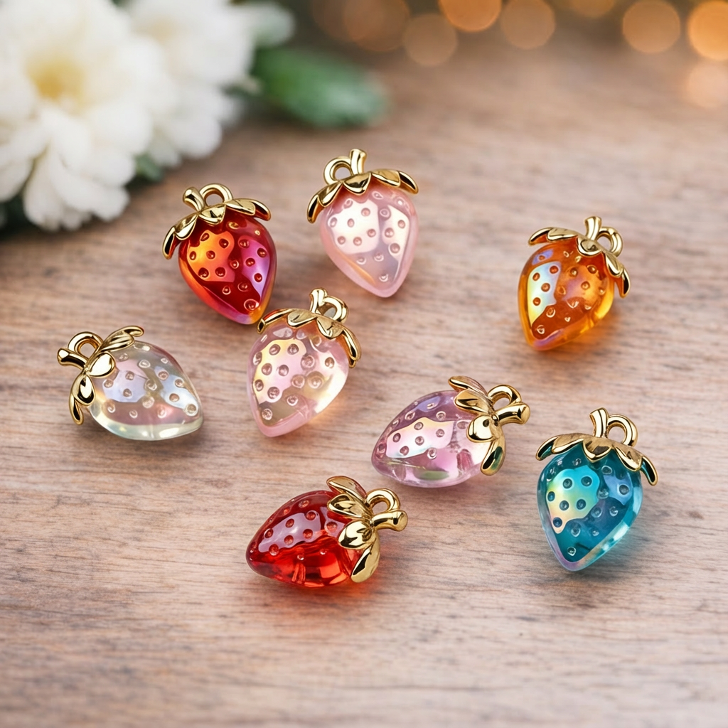 Custom Photo Keychains, Personalized Golden Mirror & Strawberry Charms Keyring