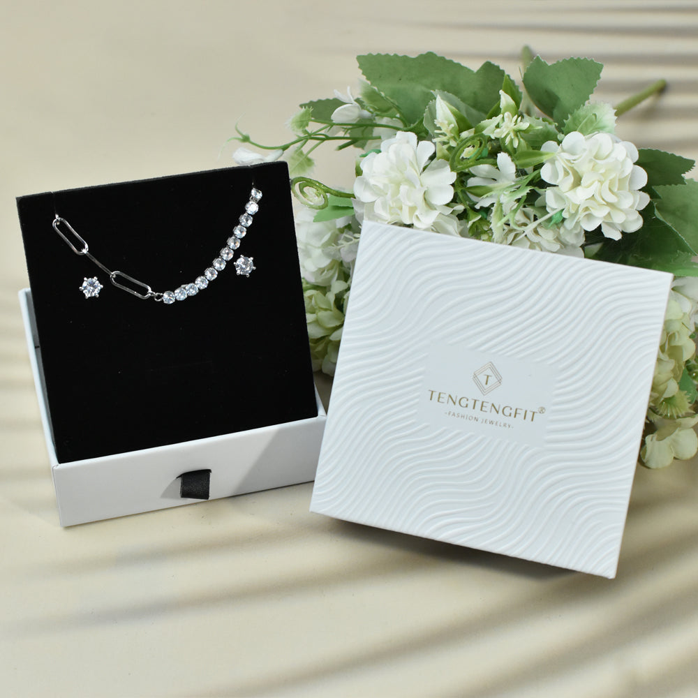 Asymmetrical CZ Choker Chain Necklace Stud Earrings Dainty Jewelry Set for Women