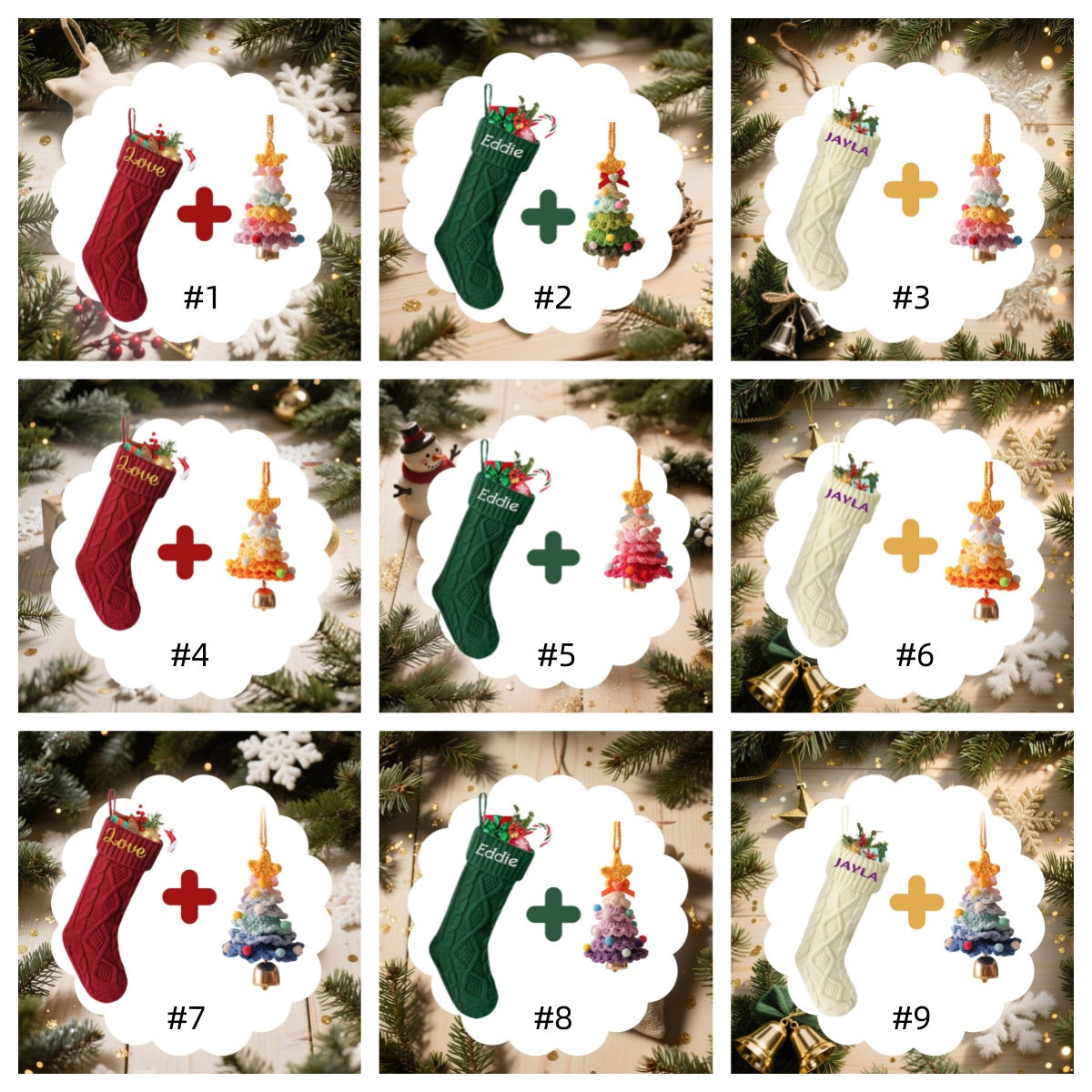 Custom Embroidery Knitted Christmas Sock with Colorful Handcrafted Crocheted Christmas Tree Ornament Personalized Gift Set