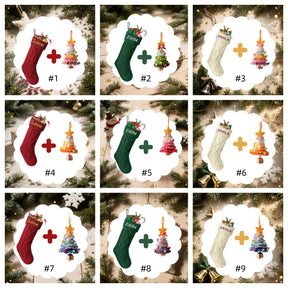 Custom Embroidery Knitted Christmas Sock with Colorful Handcrafted Crocheted Christmas Tree Ornament Personalized Gift Set