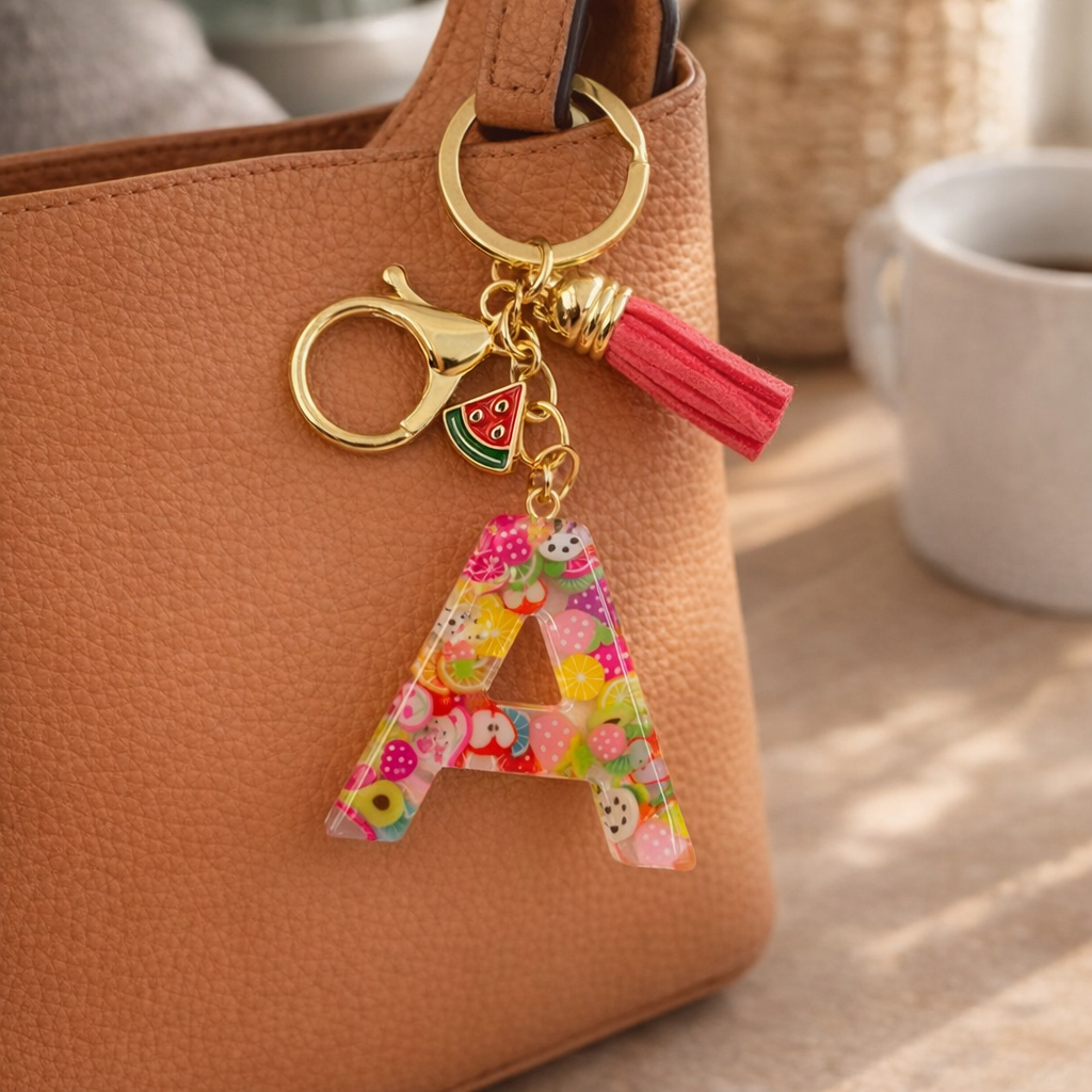 Pink Fruit Initial Letter Resin Keychains, Watermelon Charms Tassel Keyring