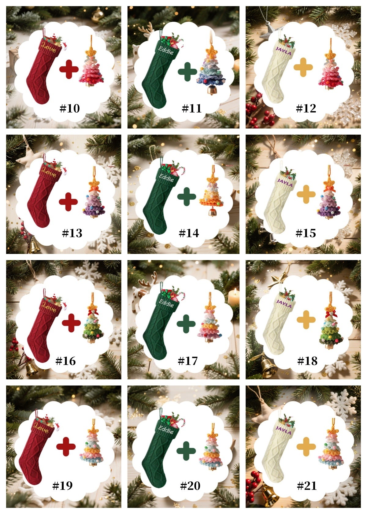 Custom Embroidery Knitted Christmas Sock with Colorful Handcrafted Crocheted Christmas Tree Ornament Personalized Gift Set