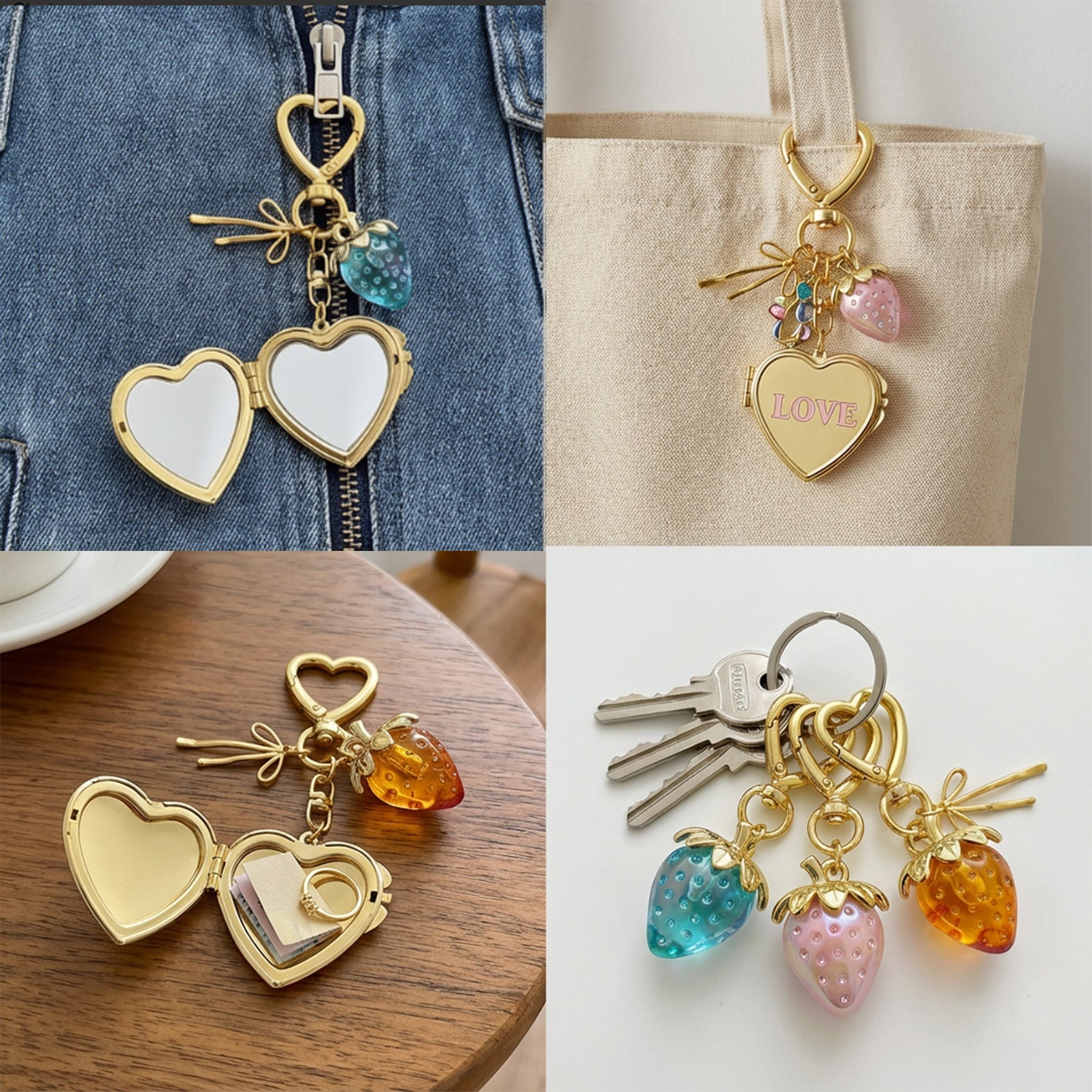 Custom Photo Keychains, Personalized Golden Mirror & Strawberry Charms Keyring