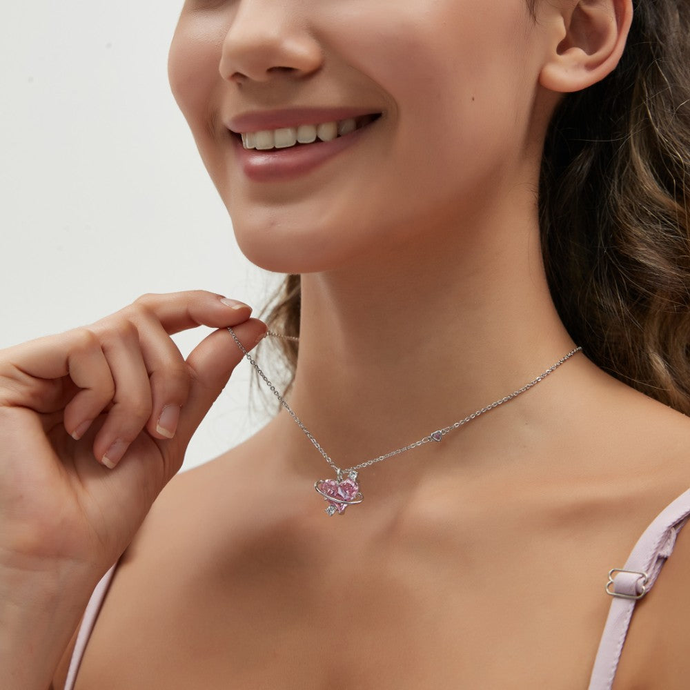 Sterling Silver Pink CZ Diamond Pendant Dazzling Love Heart Necklaces