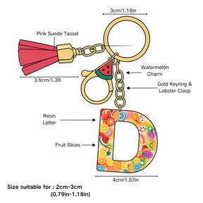 Pink Fruit Initial Letter Resin Keychains, Watermelon Charms Tassel Keyring