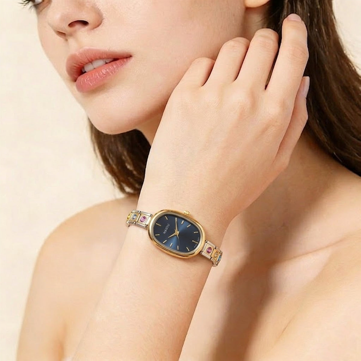 Dainty Oval Watch Vintage Inspired Dial, Two-Tone Tones Italian Charms Bracelet