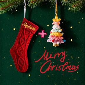 Custom Embroidery Knitted Christmas Sock with Colorful Handcrafted Crocheted Christmas Tree Ornament Personalized Gift Set
