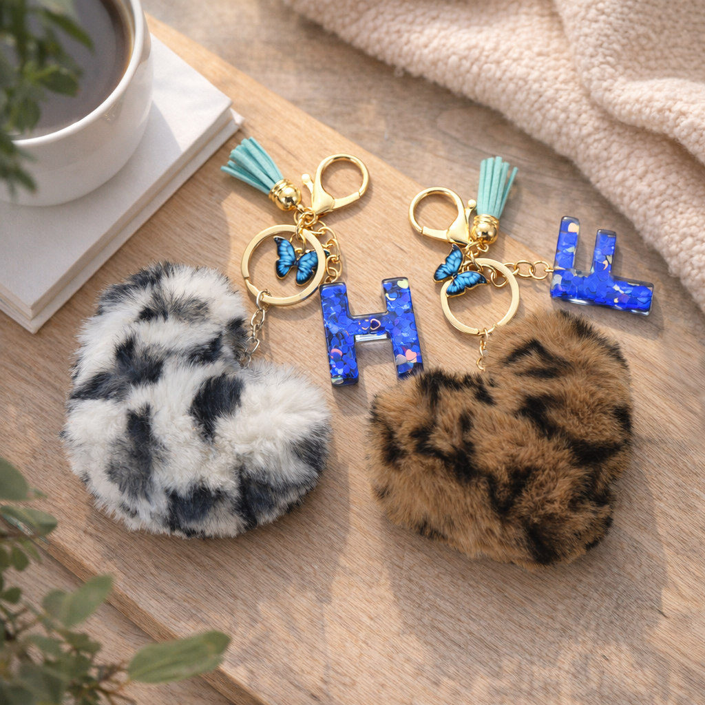 Customizable Initial Blue Resin Letter Fluffy Leopard-Print Heart Bag Charms Keychains