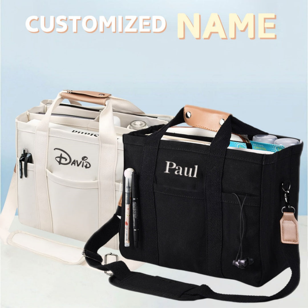 Personalized embroidery name Canvas Tote Bag with Multi Pockets for Women Handbag Mommy Bag Casual Shoulder Crossbody Bag with Compartments
