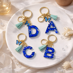 Blue Speckle Initial Letter Resin Keychains, Butterfly Finish Tassel Keyring