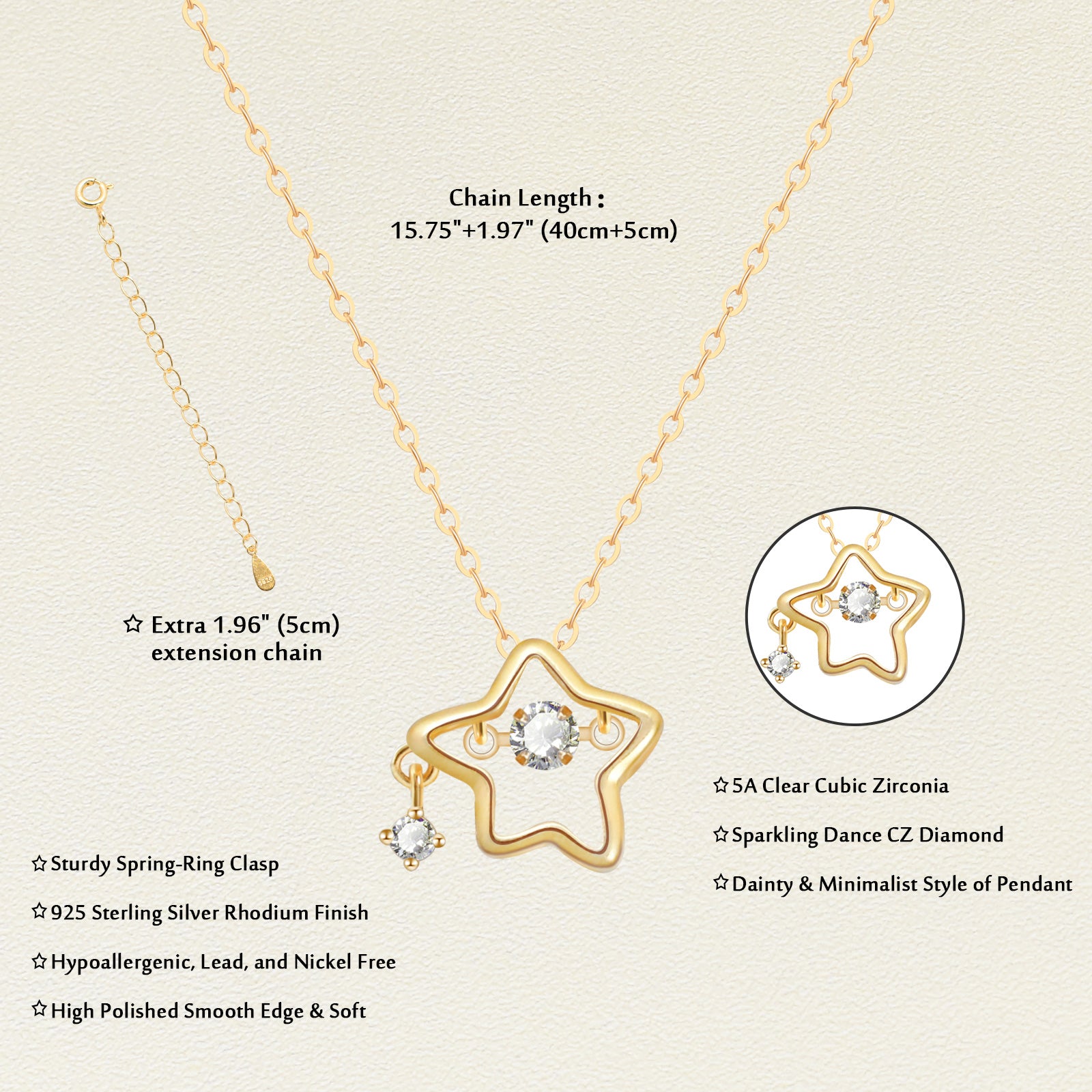 925 Sterling Silver Dainty Lucky Star Pendant & Shine Cubic Zirconia Gold Plated Necklaces