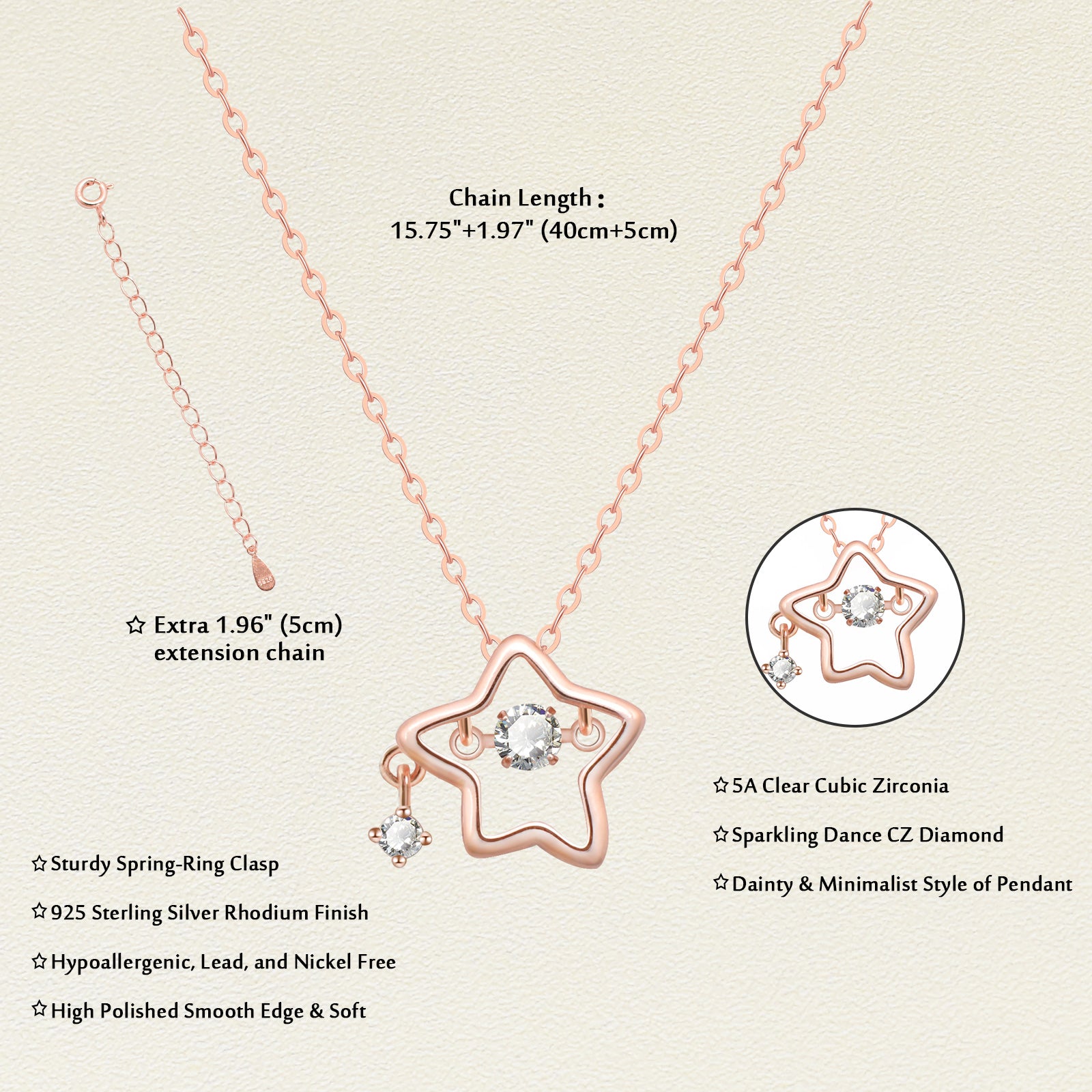 925 Sterling Silver Dainty Lucky Star Pendant & Shine Cubic Zirconia Rose Gold Necklaces