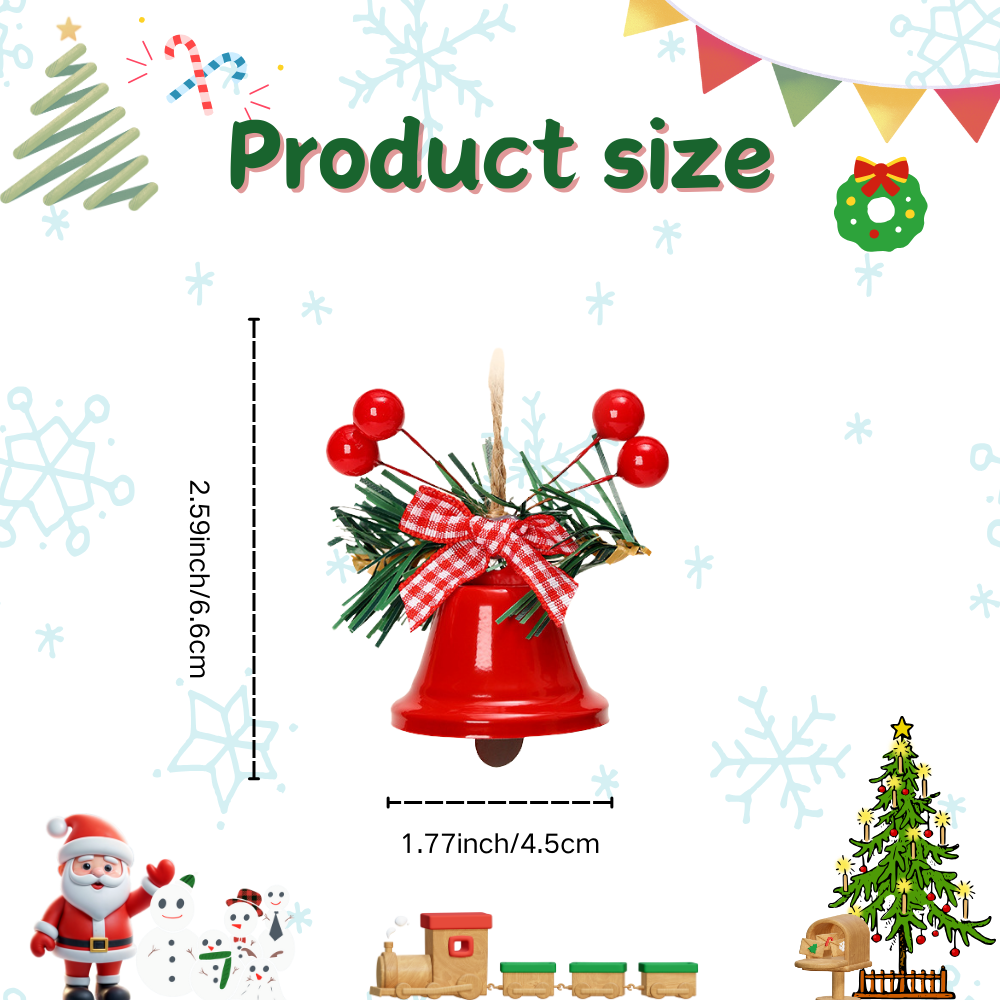 Hanging Christmas Ornament, Gold Metal Jingle Bells with Red Bow and Berries 6pcs of Set