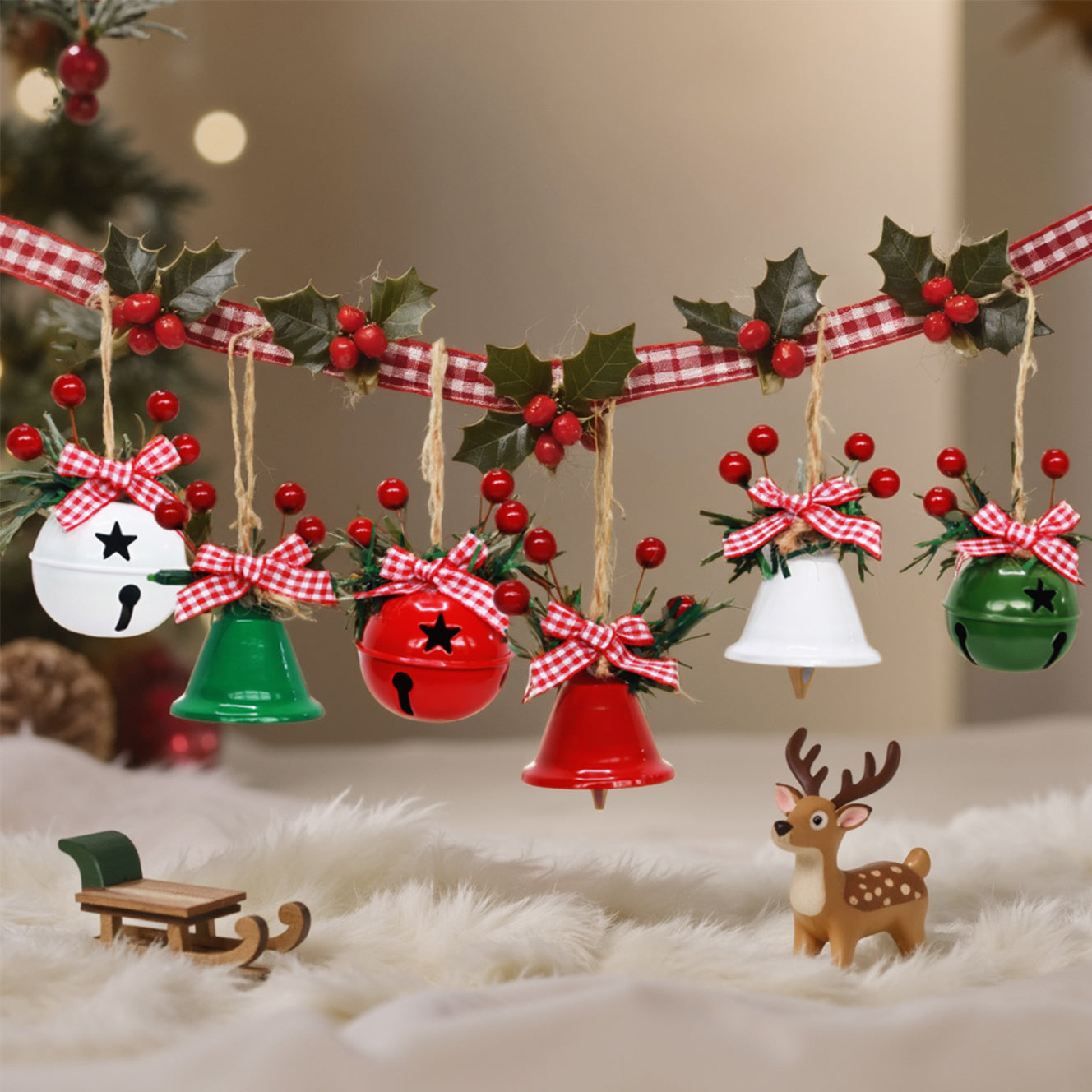 Hanging Christmas Ornament, Gold Metal Jingle Bells with Red Bow and Berries 6pcs of Set