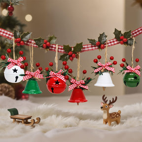 Hanging Christmas Ornament, Gold Metal Jingle Bells with Red Bow and Berries 6pcs of Set