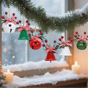 Hanging Christmas Ornament, Gold Metal Jingle Bells with Red Bow and Berries 6pcs of Set