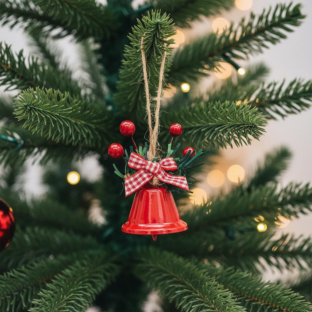Hanging Christmas Ornament, Gold Metal Jingle Bells with Red Bow and Berries 6pcs of Set