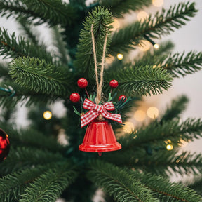 Hanging Christmas Ornament, Gold Metal Jingle Bells with Red Bow and Berries 6pcs of Set