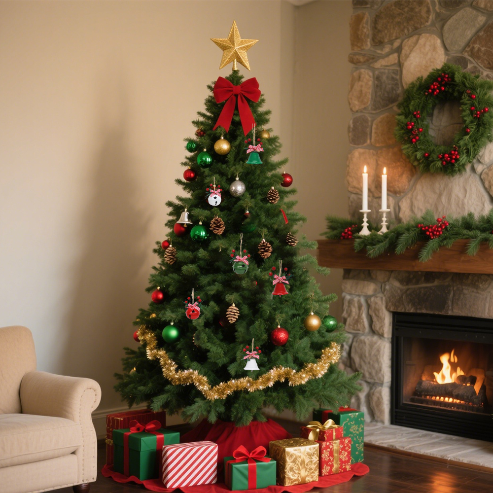 Hanging Christmas Ornament, Gold Metal Jingle Bells with Red Bow and Berries 6pcs of Set