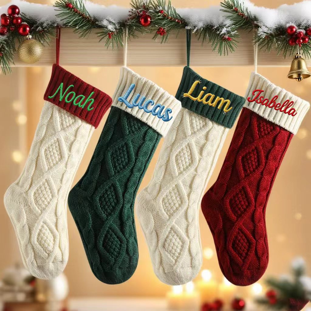 3pcs Custom Embroidered Christmas Socks, Personalized Gifts Knitted Family Socks with Name