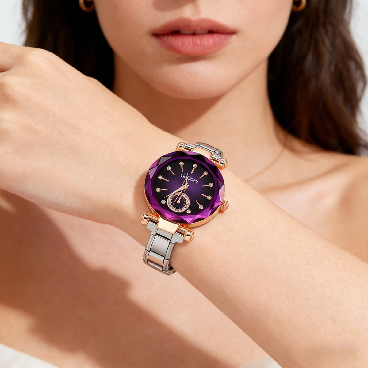 Two-Tone Rose Gold Silver Watch | Vintage Celestial Crystal Timepiece