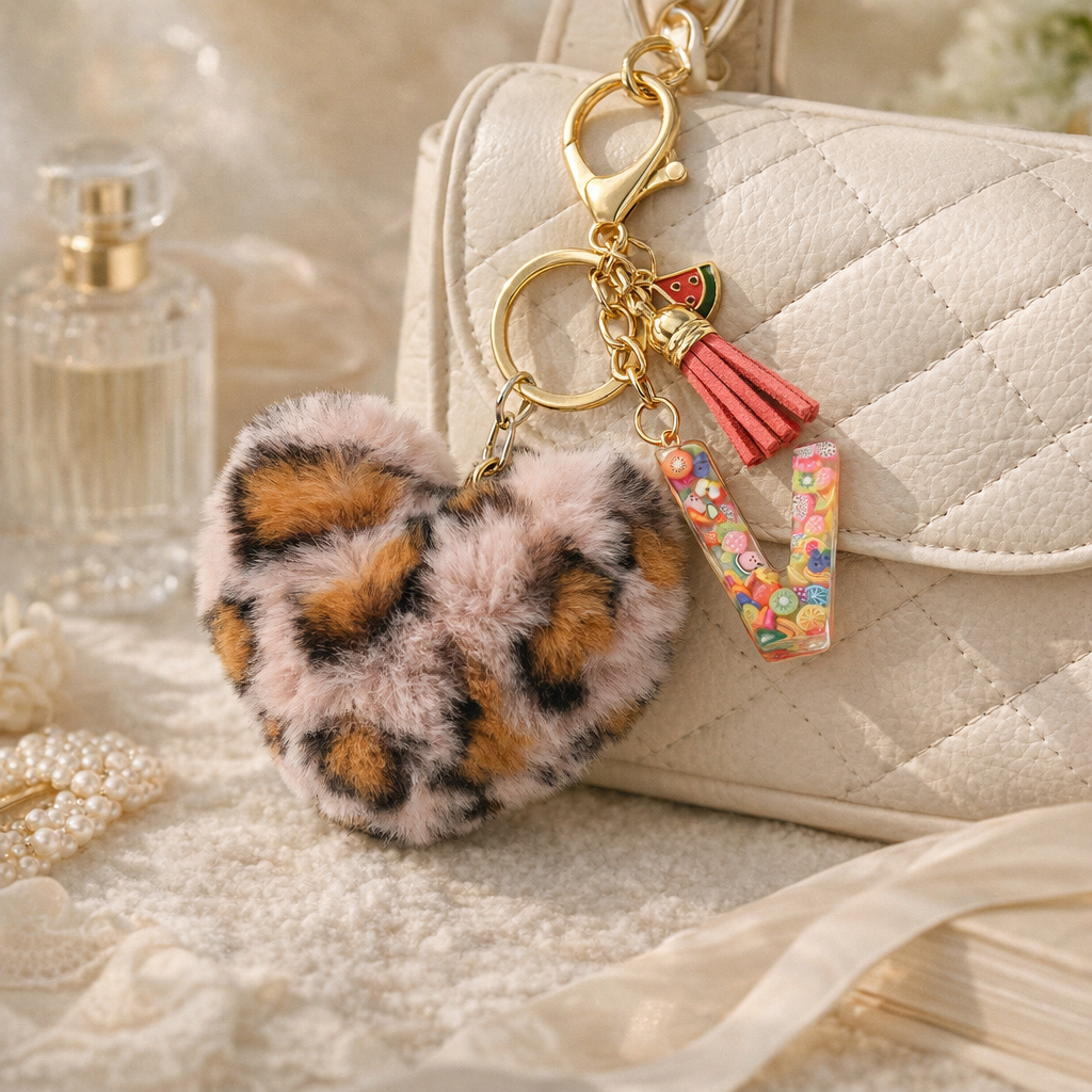 Customizable Initial Pink Resin Letter Fluffy Leopard-Print Heart Bag Charms Keychains
