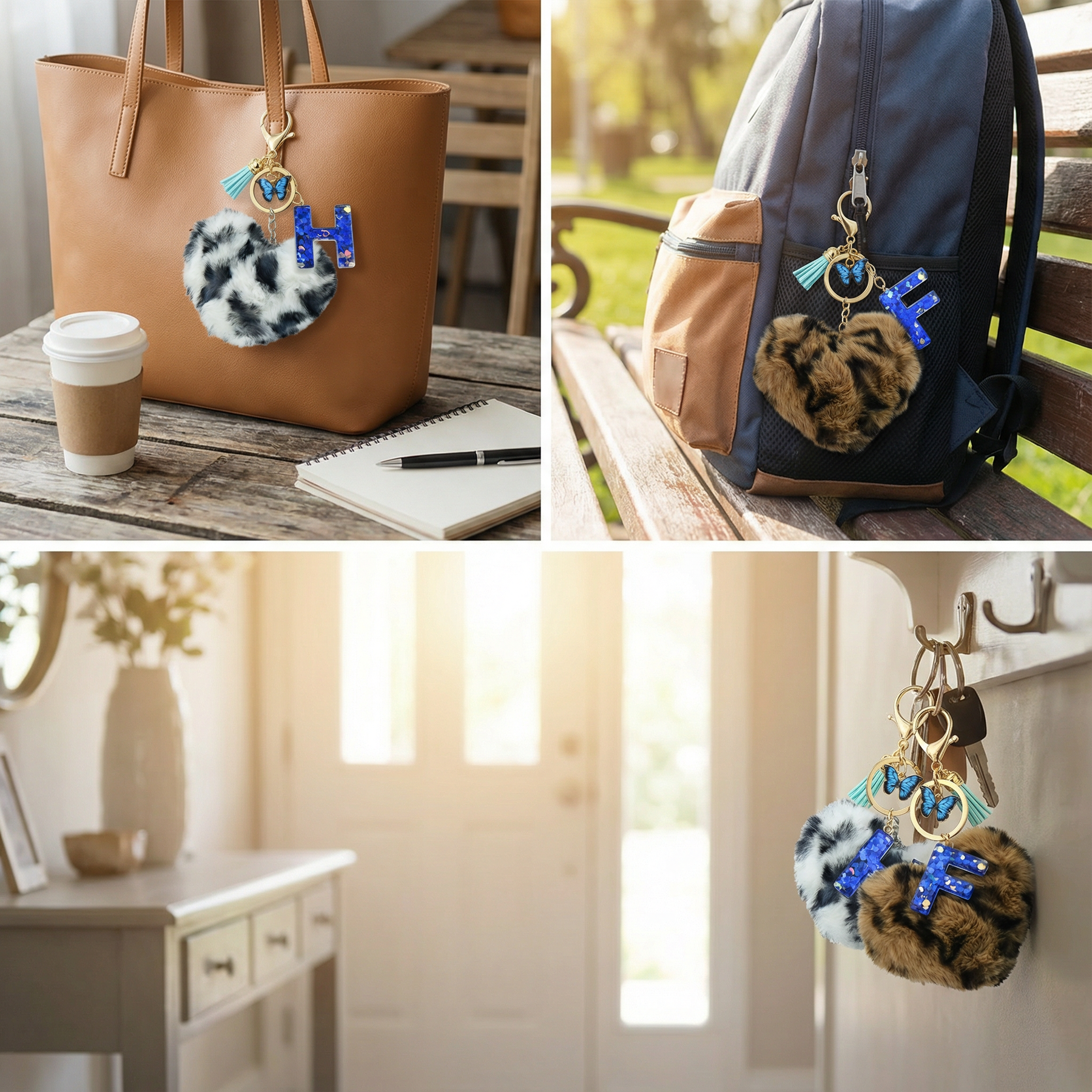 Customizable Initial Blue Resin Letter Fluffy Leopard-Print Heart Bag Charms Keychains